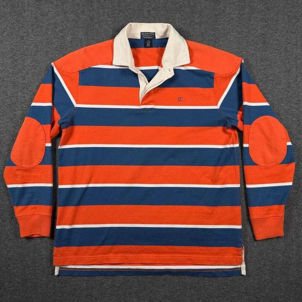 VTG Ralph Lauren Polo Jeans Co Rugby Shirt Mens Large Orange Navy Stripe 90s Y2K